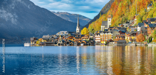 Stunning  view of famous Hallstatt mountain village with Hallstatter lake.