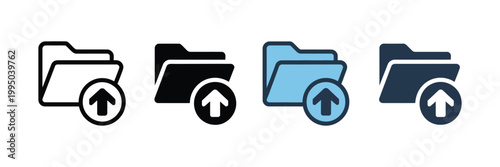 Folder upload icons set in different styles, outline, solid black, blue gradient, and solid blue vector design isolated on transparent background.