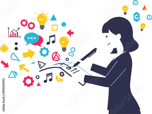 Businesswoman writes creative ideas surrounded by floating media icons.