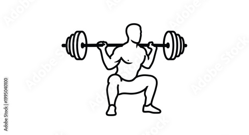 A black outline of a person squatting with a barbell on transparent background silhouette