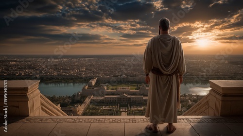 A king surveys Babylon from a palace rooftop as sunset gilds vast walls and hanging gardens, revealing power, grandeur, and the fleeting glory of empires.
