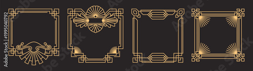 Art Deco frames. Luxury gold frame and vintage Gatsby borders. Elegant linear ornaments with 1920s geometric patterns. Golden decorative line art for weddings and invitations with editable stroke path
