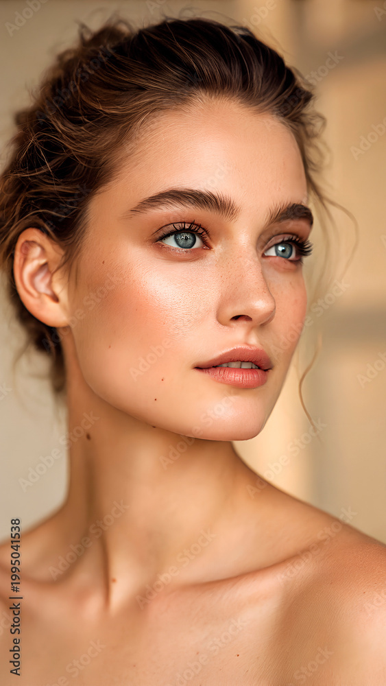 Fototapeta premium Close-up portrait of young brunette woman with blue eyes, freckles and natural makeup. Dreamy confident gaze, glowing skin. Beauty and skincare concept.