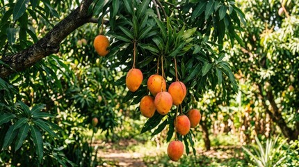 Ripe mangos hanging from a tree branch with green leaves outdoors, tropical fruit growing naturally in a lush orchard setting, bright daylight, vibrant color, realistic nature photography, no logos