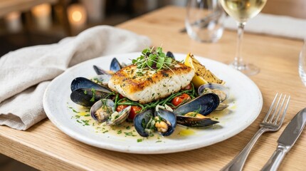 Seared white fish with mussels clams and lemon on white plate, gourmet seafood dish, refined restaurant presentation, fresh ingredients, clean composition, bright food lighting, no logos