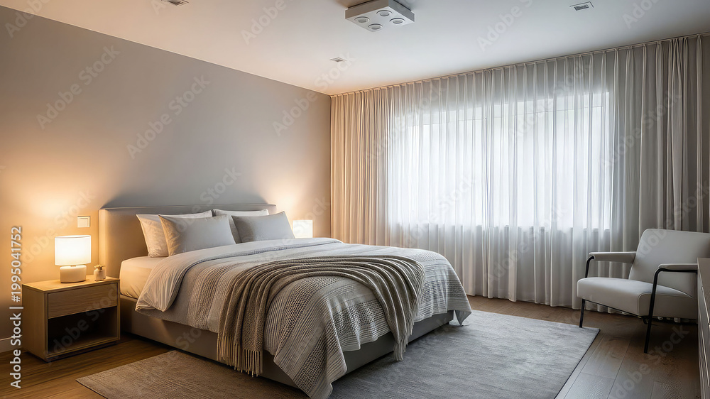 Obraz premium A serene and modern bedroom with a large window and comfortable bed