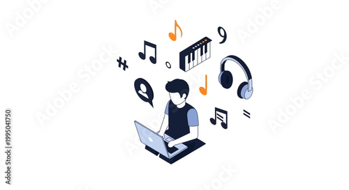 Isometric Illustration of Music Producer Creating Digital Tracks on Laptop with Headphones, Keyboard, and Musical Notes. Perfect for Audio Engineering and Creative Technology.