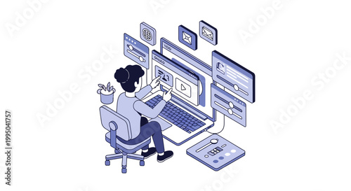 Isometric Illustration of a Woman UI/UX Designer Working on Website Interface and Digital Content Management at Laptop