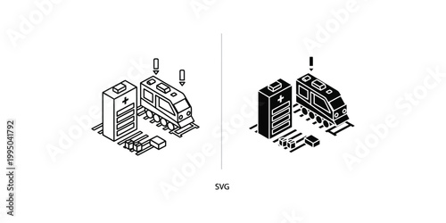 Isometric illustration of servers being loaded onto a train for transportation or deployment