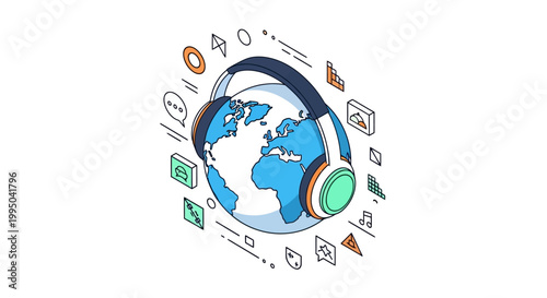 Isometric Illustration of Globe Wearing Headphones Surrounded by Media Icons representing Global Music, International Podcasts, and Digital Communication