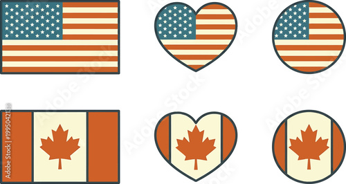 American and Canadian flags in various shapes