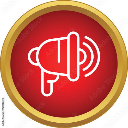 Megaphone icon broadcasting sound on a red circle with a gold border
