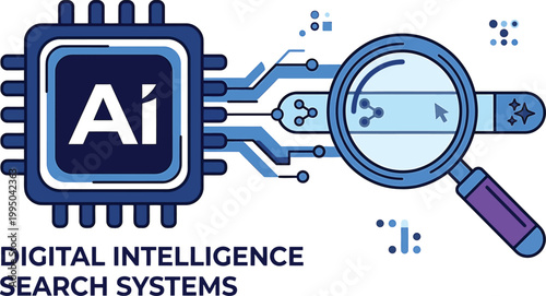 Artificial intelligence search system icon with microchip and magnifying glass