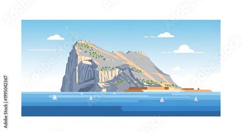 Pixel art landscape of the Rock of Gibraltar with sailboats on the blue ocean under a clear sky
