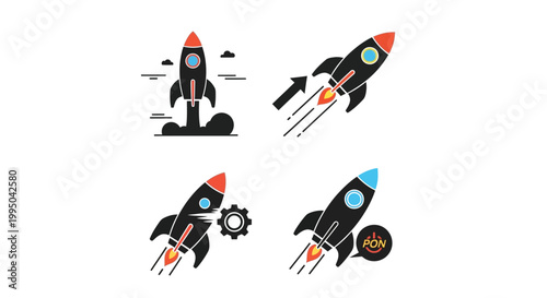 Canvas-taulu Four rocket ship icons depict space travel and launch silhouette