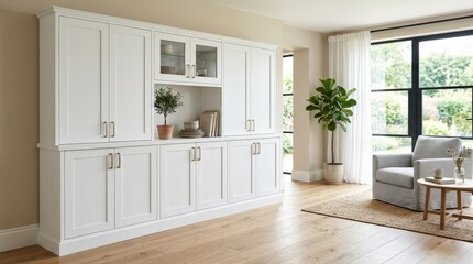 Large white cabinet in a room with natural light, modern lifestyle setting, premium stock composition, clean commercial styling, refined market appeal, strong search appeal, premium visual clarity,