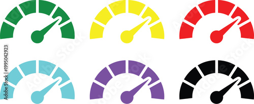 Speedometer gauge icons set vector illustration with multicolor dials showing performance levels measurement indicators isolated on white background modern design