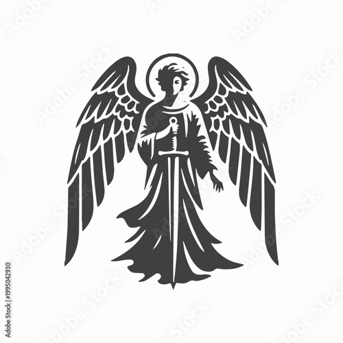 illustration of angel michael carrying a sword black and white art . vector graphic illustration art