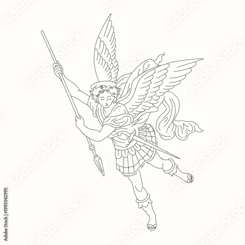 illustration of angel michael carrying a spear black and white art . vector graphic illustration art	