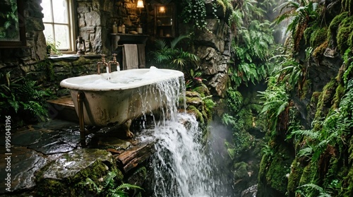 Surreal photography of a bathtub overflowing with water merging into a beautiful natural landscape