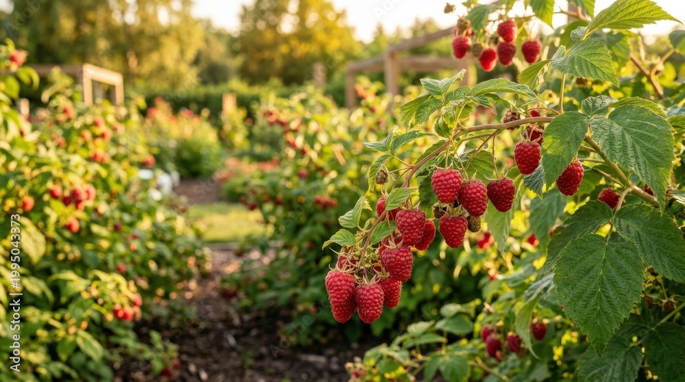 Fototapeta premium Raspberry hanging tree in garden, Raspberry on tree in natural warm sunlight view, sunlit orchard harvest scene, premium Adobe Stock scene, strong search appeal, premium visual clarity, clean copy
