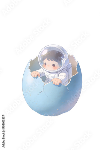 Tiny Astronaut Hatching from Egg Cutout Transparent Background Cute Space Concept Character Design