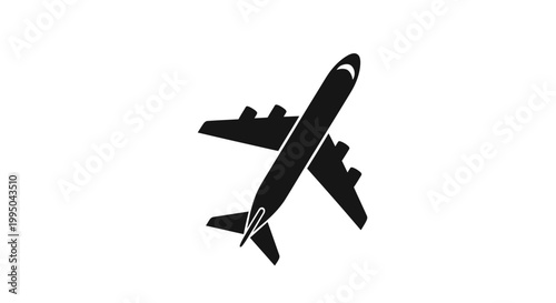 A simple black silhouette of an airplane in upward flight