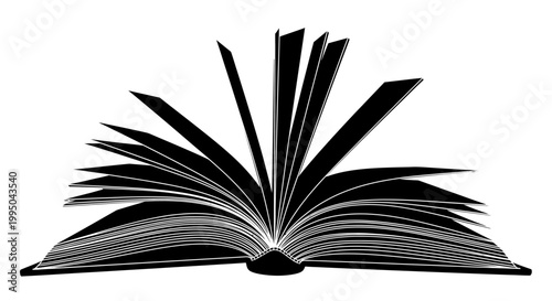 An open book with fanned pages depicted in a stark black and white style