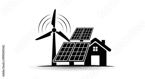 Black and white illustration of a house with solar panels and a wind turbine