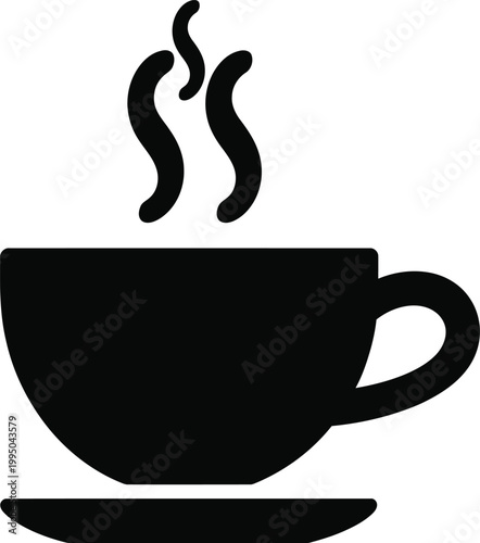 Hot coffee cup icon vector illustration featuring steaming beverage mug in bold silhouette style for cafe drink design concept