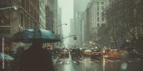 Rainy day in the city painting downtown with people and cars in a stormy downpour of wet weather