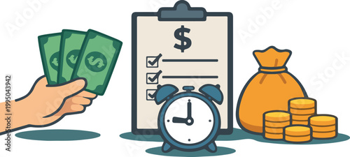 Personal Budget Checklist with Cash Payment, Time Management and Savings Allocation Flat Vector Illustration