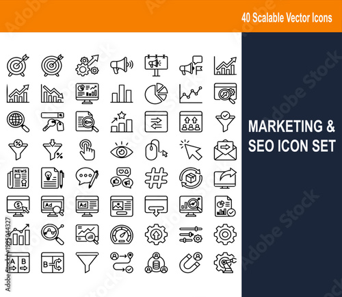 Business growth analytics and SEO optimization symbols, digital marketing performance interface icons, data strategy outline vector set