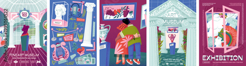 Museum, exhibition and art gallery. Vector illustrations of a hall with a Greek statue, visitor looking at a painting, classical sculpture, poster, an antique vase at the entrance to an ancient temple