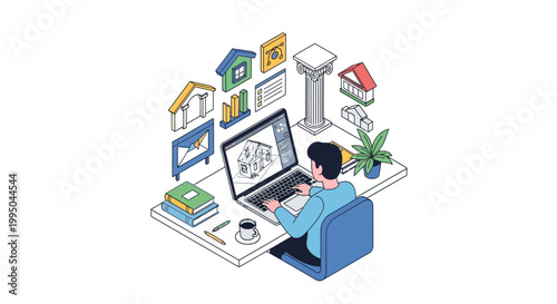 Isometric Illustration of an Architect Designing a House on a Laptop with Architectural Icons, Real Estate Development, and Digital Construction Planning Concept