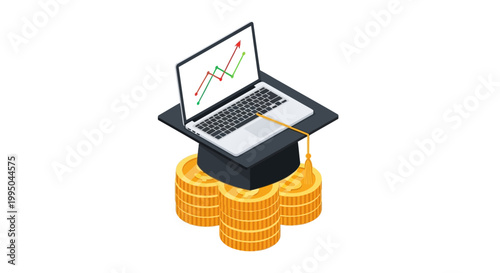 Education Investment Concept: Isometric Laptop on Graduation Cap with Gold Coins and Rising Growth Graph