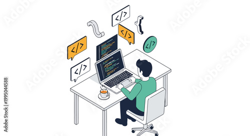 Isometric Software Developer Coding on Laptop with Floating Programming Symbols - Web Development Concept
