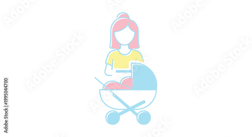 Vector baby carriage, pink haired woman pushing stroller, minimalist parenting icon