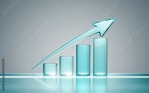 3d blue bar graph with rising arrow showing growth and success in business or finance on a reflective surface
