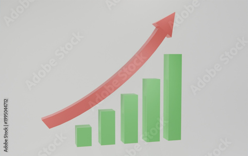 Increasing business growth chart with rising red arrow and green bars on gray background symbolizing success and progress in finance and statistics