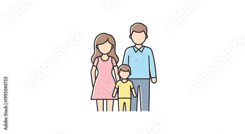 Family, parents and child, simple line art, colorful illustration, vector icon