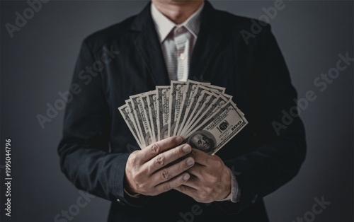Businessman holding a large stack of us dollar bills in his hands symbolizing wealth and finance