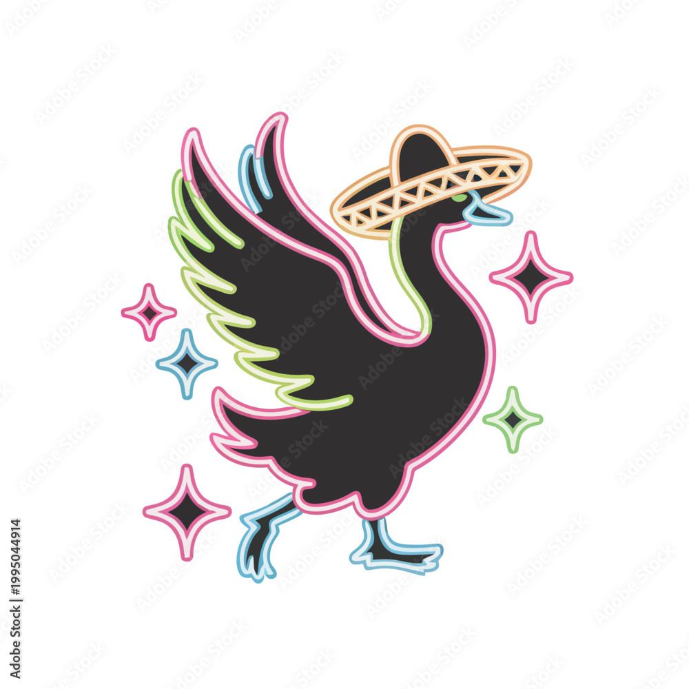 Fototapeta premium Neon rainbow outline goose mascot wearing a sombrero on dark background