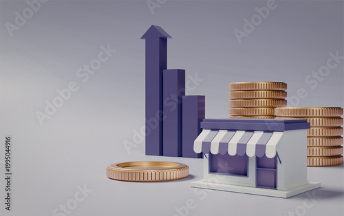 3d illustration of a growing business with coins bar graph and shop symbolizing financial success and profit growth
