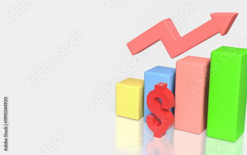 Colorful 3d bar graph with dollar sign and rising arrow indicating financial growth and success