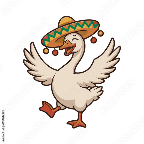 Cute cartoon goose dancing and wearing a colorful sombrero with pom-poms