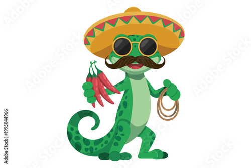 Cute cartoon gecko mascot wearing sombrero sunglasses and mustache holding chili peppers