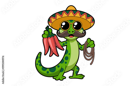 Cute cartoon gecko mascot wearing sombrero sunglasses and mustache holding chili peppers