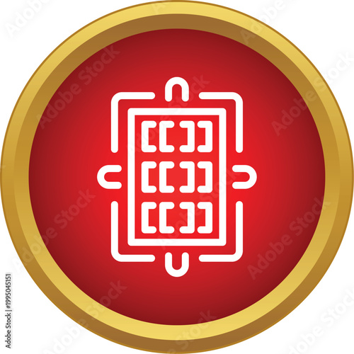 White line art drawing of a microprocessor chip inside a golden rimmed red circle