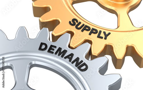 Interlocking gears with supply and demand text for business concepts and economics